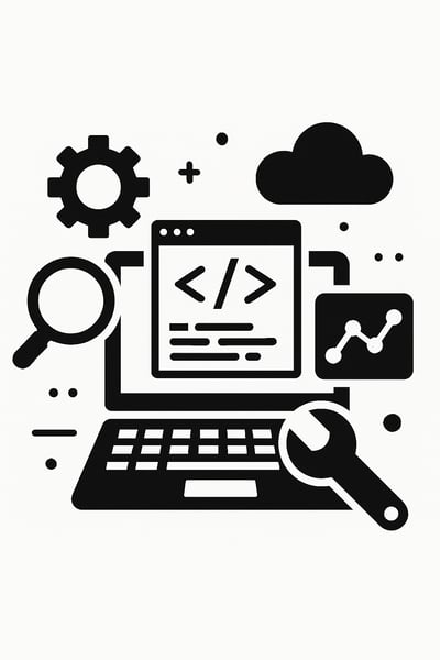 technology or software implementation black and white only no words simple supporting images
