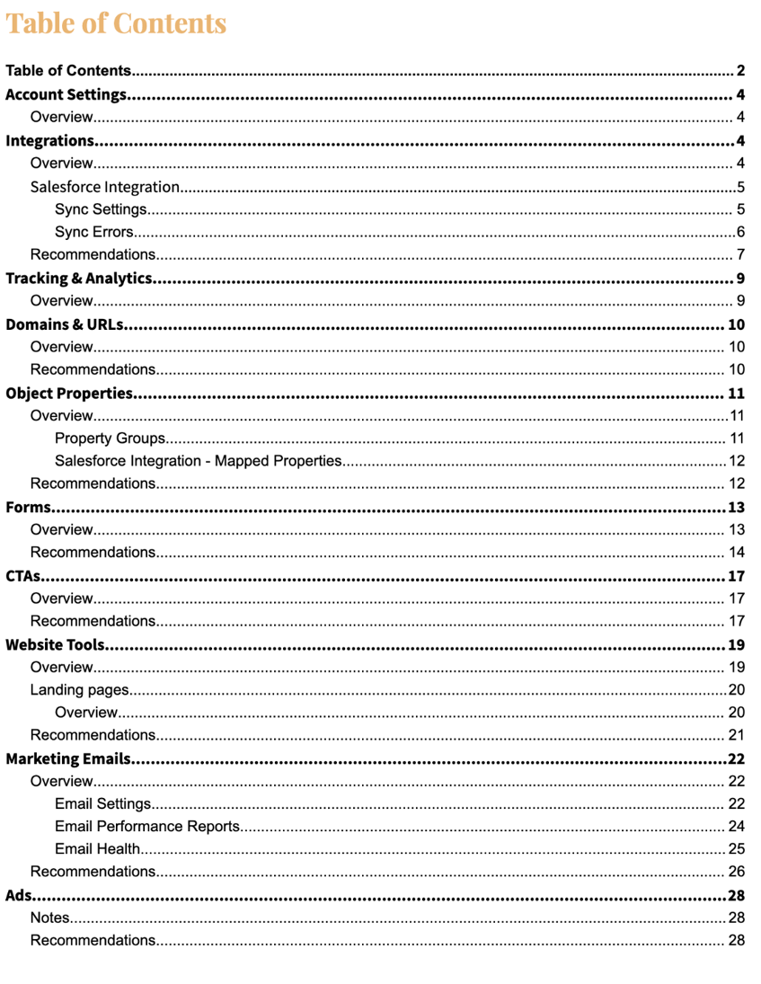 HubSpot enterprise audit - table of contents anna connolly