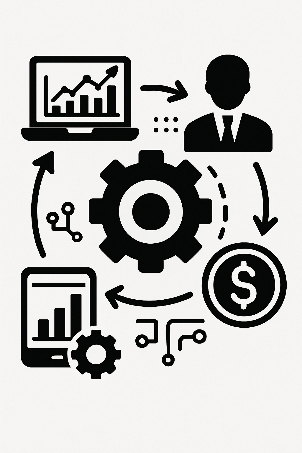 revenue operations process with technology and money involved black and white only no words-1